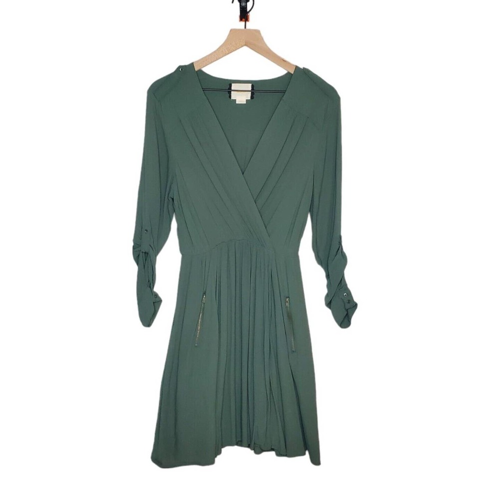 Anthropologie Maeve Lene Faux Wrap Dress Olive Green Zip Pockets Size Small
